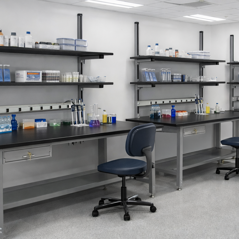 Three lab workbenches in use, stocked with beakers and pipets and chemicals