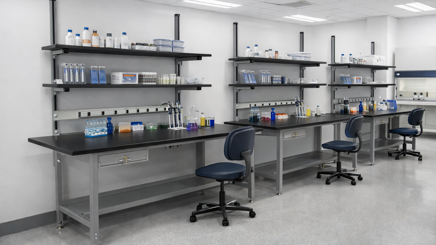 Three lab workbenches in use, stocked with beakers and pipets and chemicals 