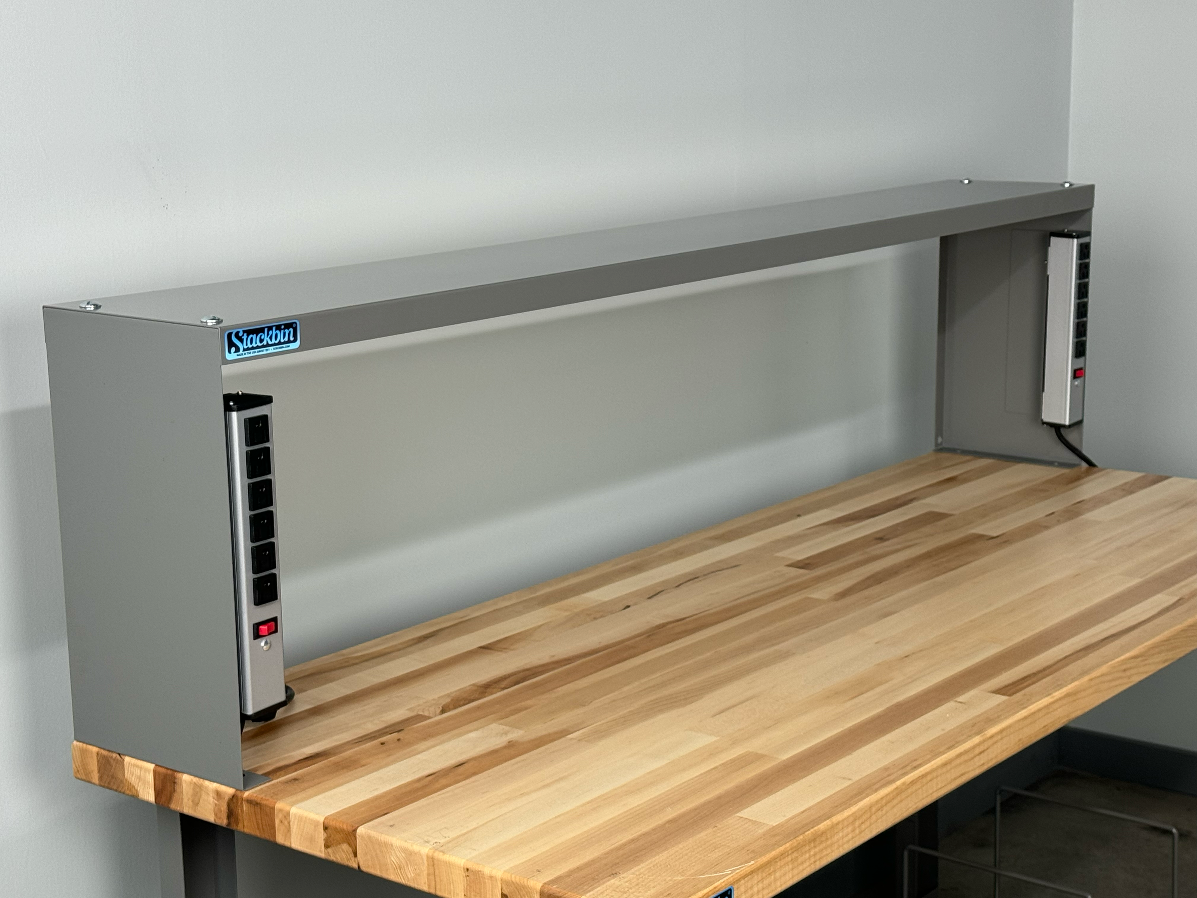 Fixed-Height Steel Riser Shelf with Dual Power Strips – Stackbin