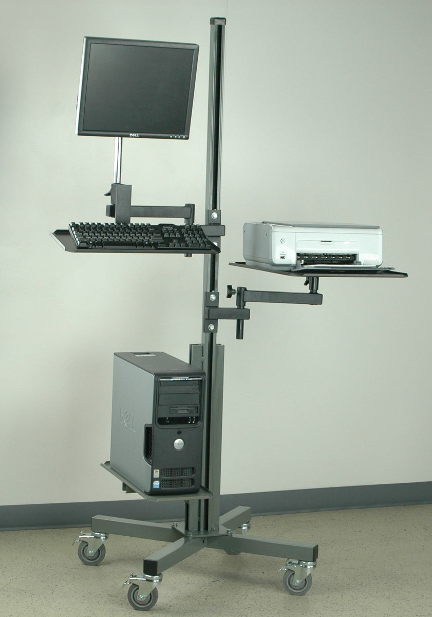 Mobile Steel Computer Tower with Monitor Arm and Printer Stand – Stackbin